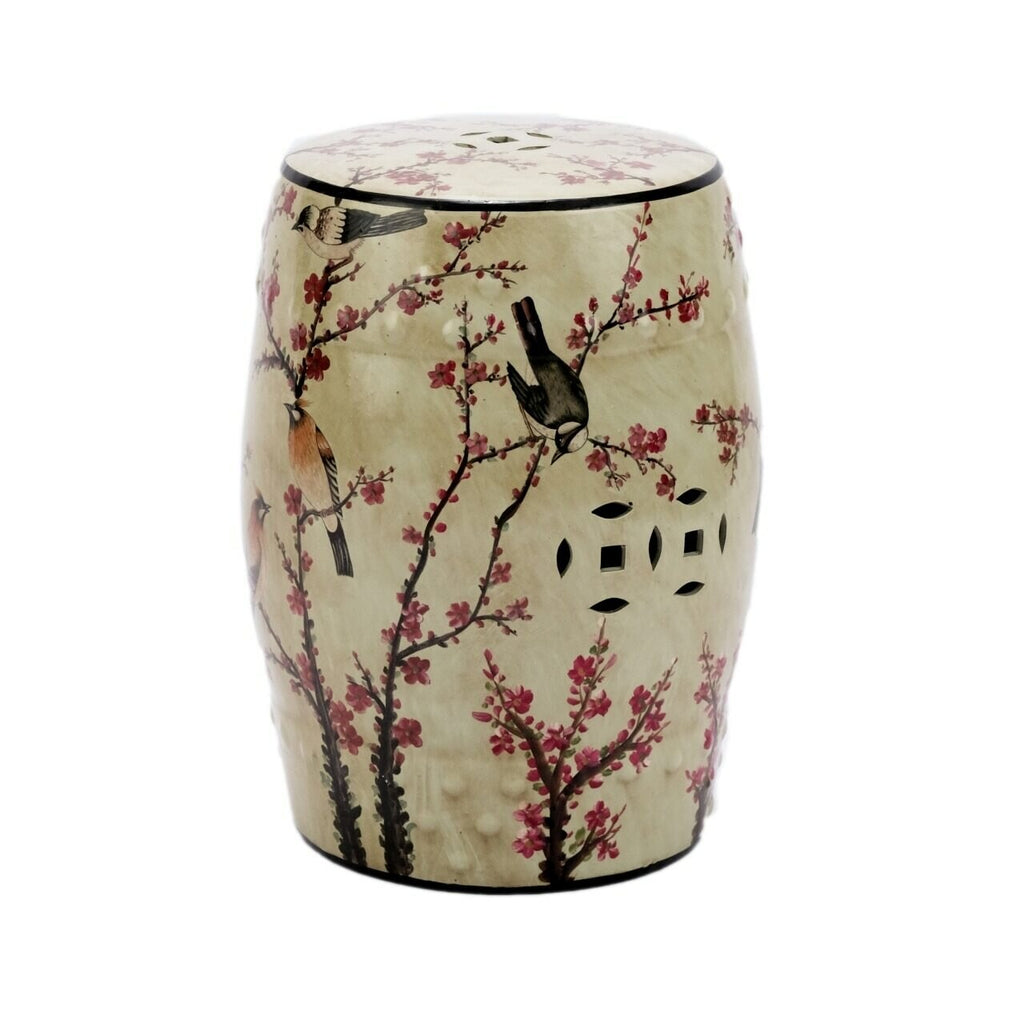 Beige Famille Rose Garden Stool with Magpie Cherry Motif