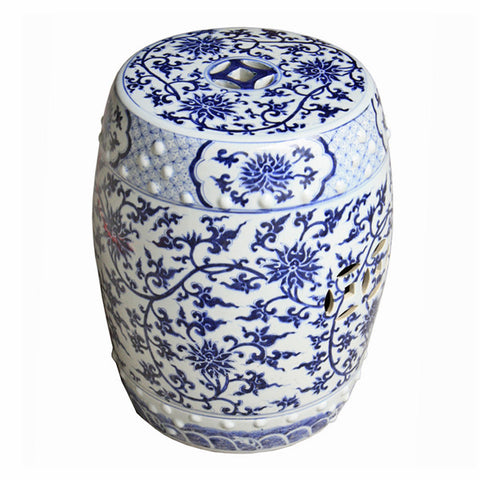 Chinese Blue and White Curly Vine Short Garden Stool