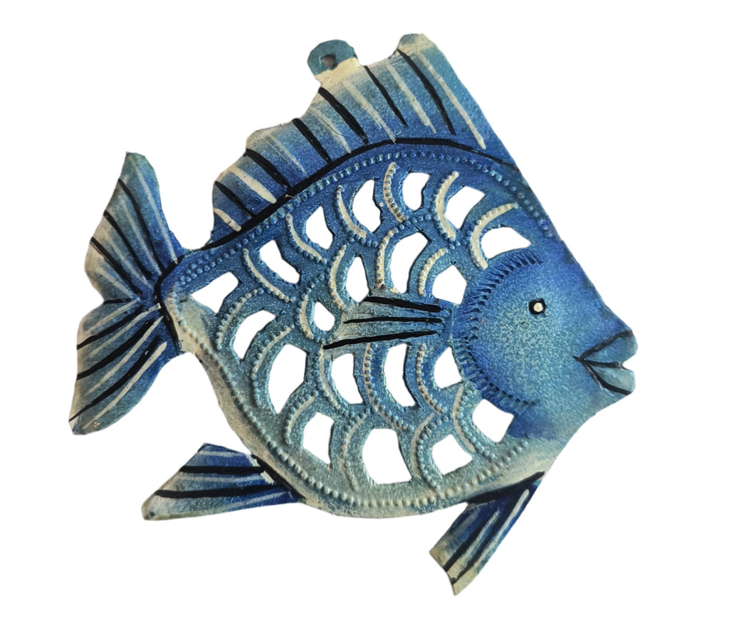 Painted Fish Ornament with Cutouts (Blue)