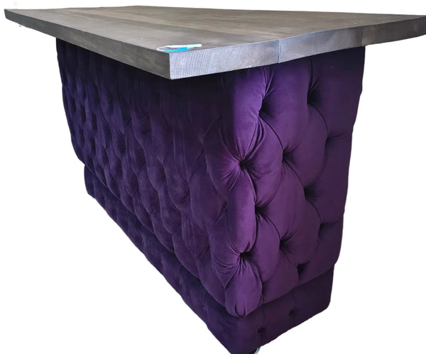 Tufted Bar with Three Barstools in Amalfi Amethyst Velvet/Florence Black leather