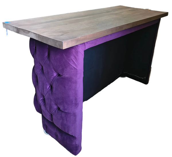 Tufted Bar with Three Barstools in Amalfi Amethyst Velvet/Florence Black leather