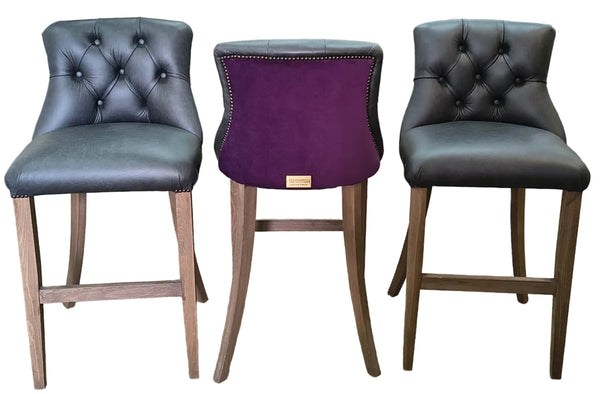 Tufted Bar with Three Barstools in Amalfi Amethyst Velvet/Florence Black leather