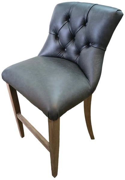 Tufted Bar with Three Barstools in Amalfi Amethyst Velvet/Florence Black leather