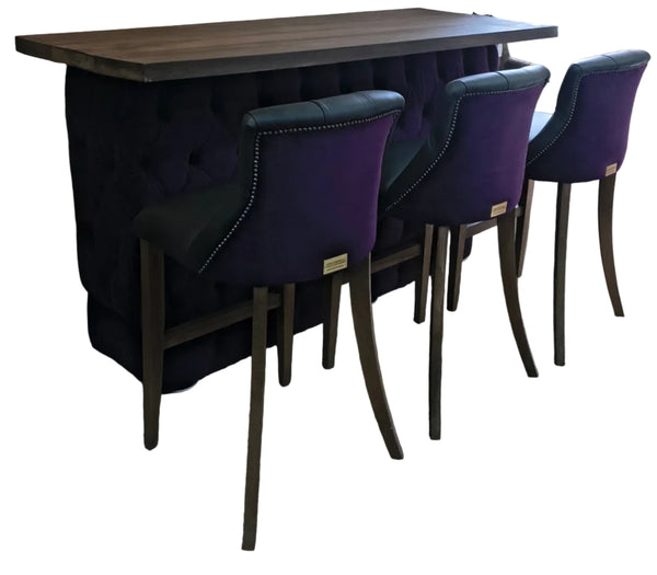 Tufted Bar with Three Barstools in Amalfi Amethyst Velvet/Florence Black leather