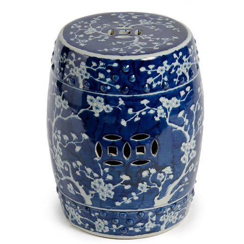 Chinese Deep Blue Ceramic Garden Stool With Plum Blossom Motif