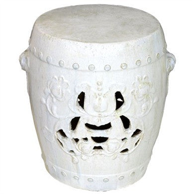 Soft White Chinese Garden Stool with Floral Relief
