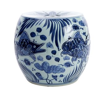 fish motif on blue and white garden stool