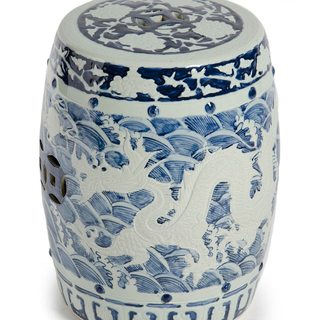 dragon motif on blue and white garden stool