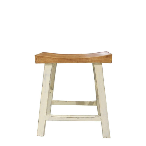 White Painted Legs on Small Short Stool with Comfortable Curved Natural Wood Tone Seat