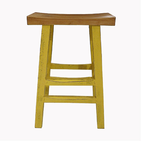 Pop of Color Bright yellow Painted Wooden Stool with Comfortable Natural Wood Tone Curved Seat