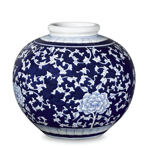 Chinese Peony Design Blue and White Open Top Vessel