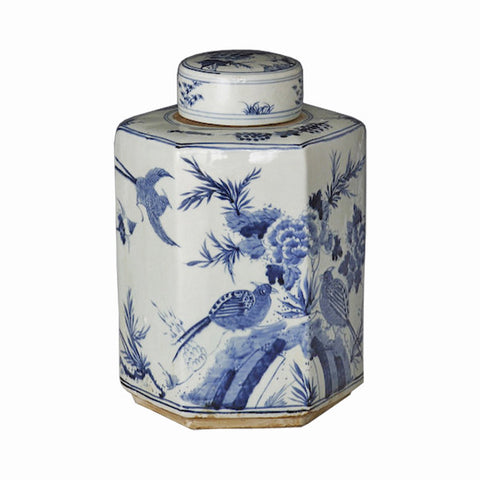 Blue and white Chinese Temple Jar with Flower and Bird Designs