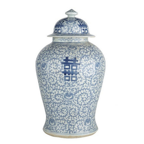Intricate Floral Design on CHinese Blue and White Temple Jar