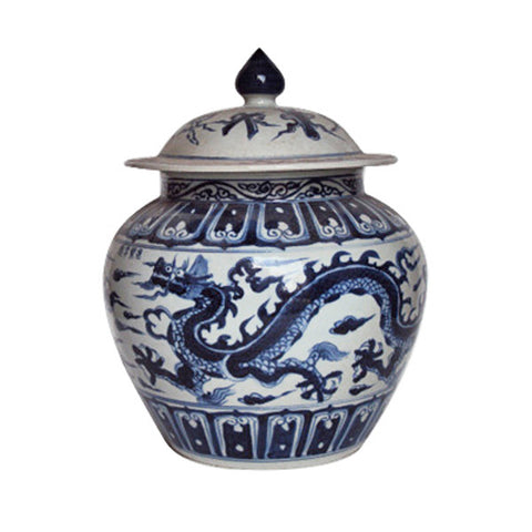 Chinese Blue And White Dragon Motif Temple Jar with Lid