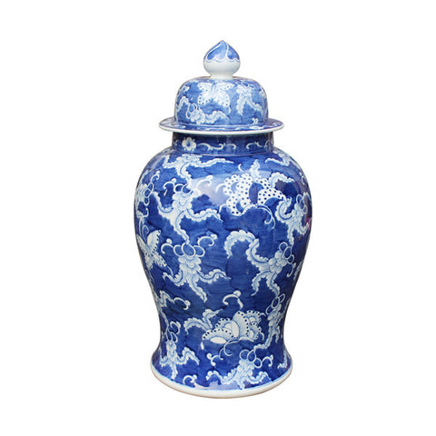 Blue and White Chinese Temple Jar with Lid