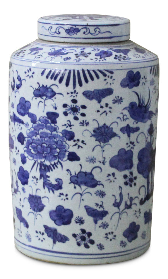 Round Blue and White Jar with Lid
