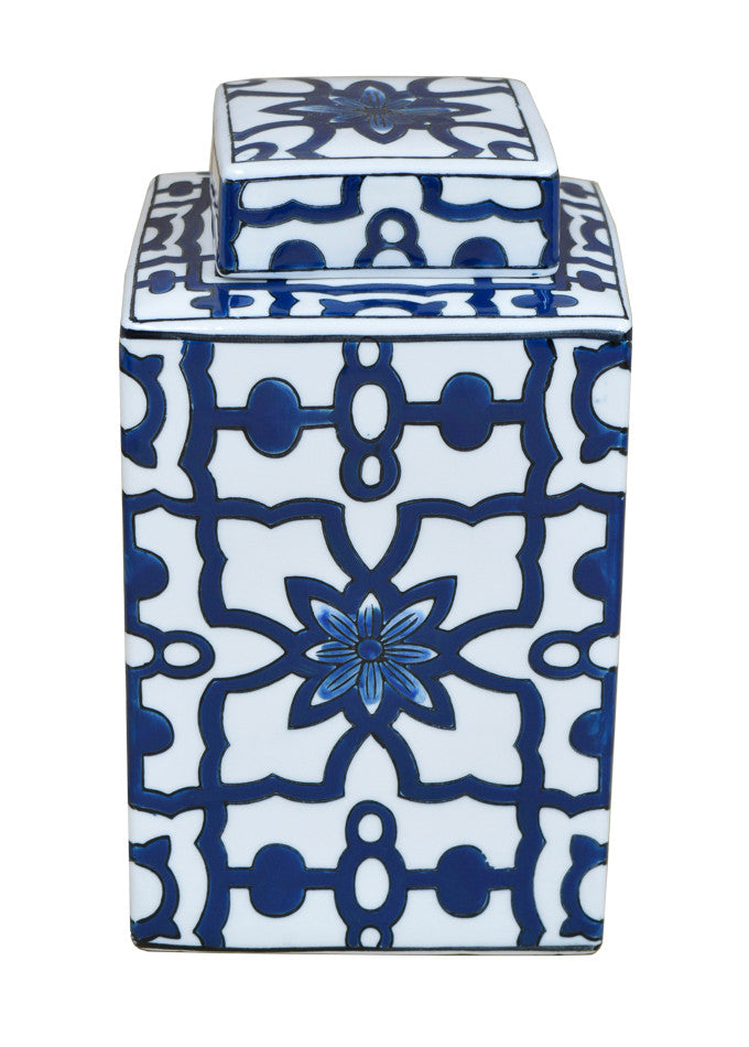 Square Blue and White Jar with Lid