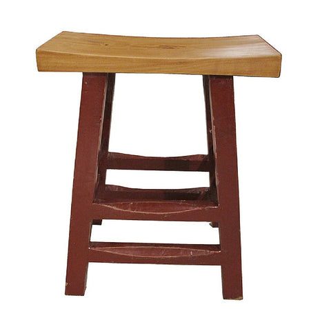 Medium Deep Red Painted Wooden Stool with Comfortable Curved Natural Wood Tone Seat