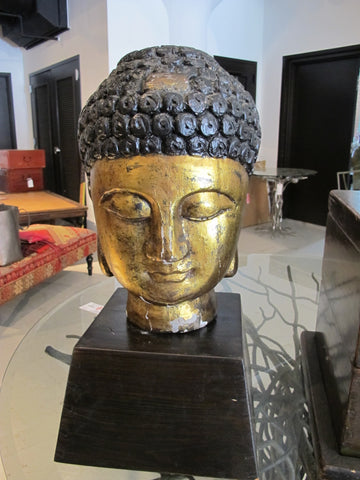 Wooden Buddha Head with Gold Leaf