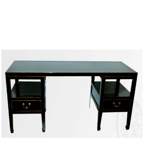 Chinese Antique Restored Modernized Wooden Elm Wood Black Painted Lacquered Desk with Drawers