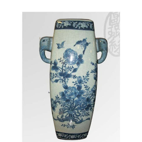 White and Blue Flower Decorated vase with elephant Handles