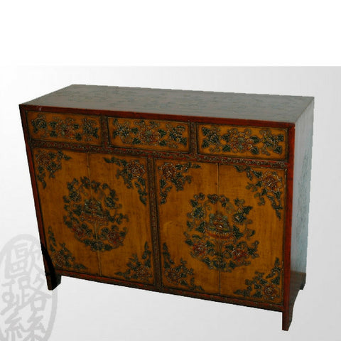 Antique Tibetan Cabinet with removable shelf and detailed paintings with three drawers