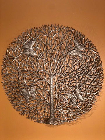 natuarl tree of life with butterflies, made in haiti from recycled oil drums