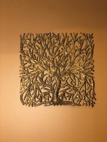 gold finished tree of life, made in haiti from recycled oil drums